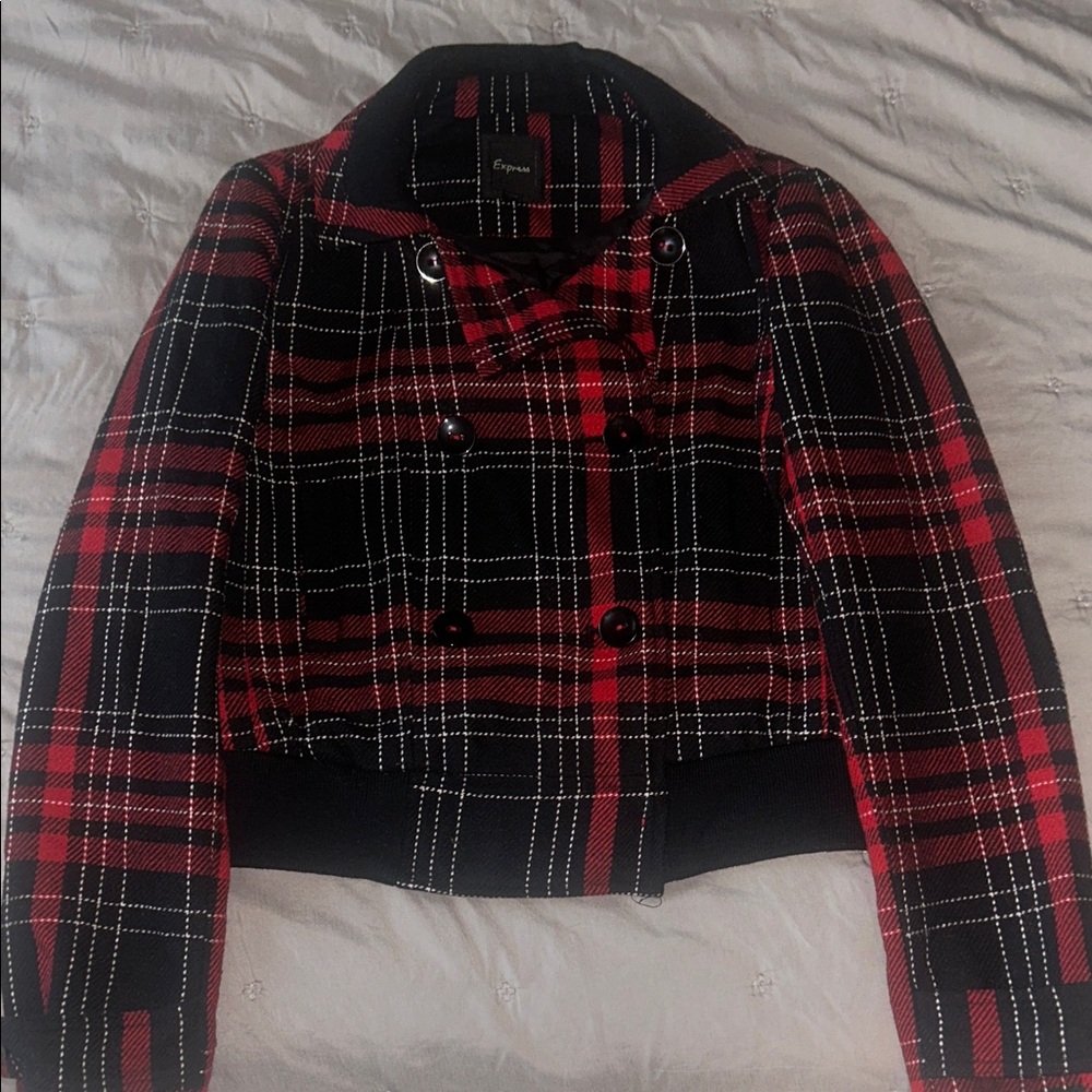 Express Women's Plaid Pea Coat in Red and Black